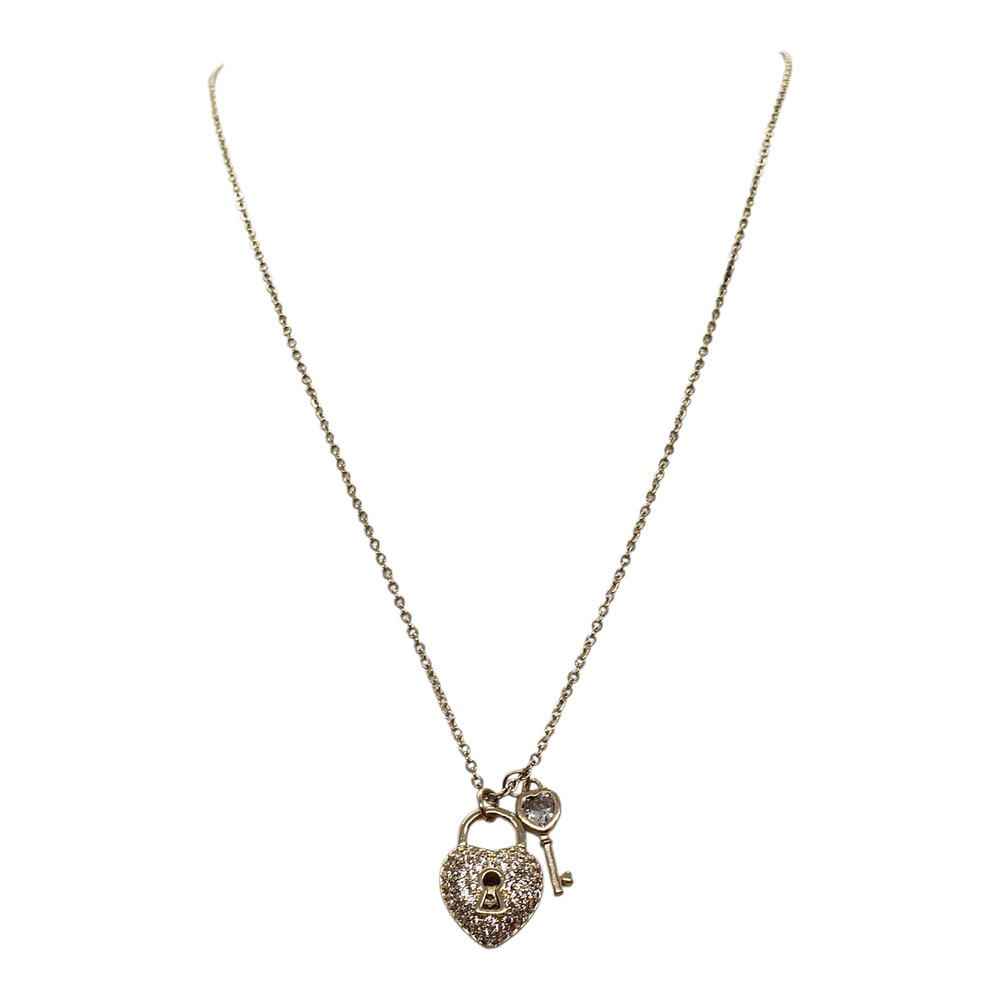 14k Gold Plated Heart Lock & Key Pendant Necklace Rhinestones Love Charm Gift - Picture 3 of 10